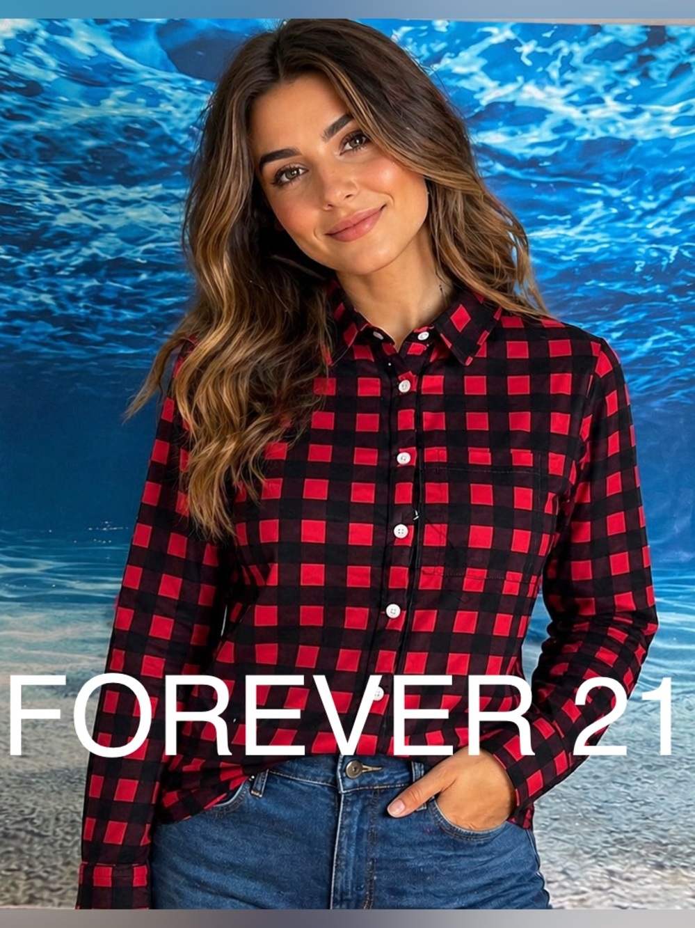 ❄️Forever 21 Red and Black Plaid Button-Down Shirt size XS
